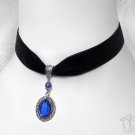 Blue Crystal Velvet Choker Necklace Black Silver Pendant Victorian Gothic C26