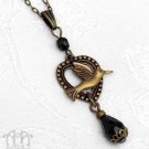 Bronze Black Bird Pendant Necklace Steampunk Victorian Antiqued Brass Heart D35