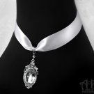 White Crystal Satin Choker Necklace Silver Rhinestone Pendant Victorian Bridal C07