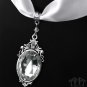 White Crystal Satin Choker Necklace Silver Rhinestone Pendant Victorian Bridal C07