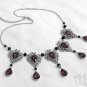 Purple Black Necklace Crystal Rhinestone Gothic Victorian Silver Filigree Teardrop D34