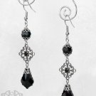 Black Crystal Filigree Earrings Glass Beaded Rhinestone Victorian Silver Drop E66
