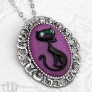 Purple Black Cat Necklace Brooch Cameo Pin Gothic Silver Pendant Rhinestones D41