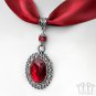 Red Crystal Satin Choker Necklace Silver Filigree Pendant Victorian Gothic C96
