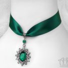 Green Crystal Floral Satin Choker Necklace Filigree Pendant Victorian Gothic C97A