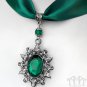 Green Crystal Floral Satin Choker Necklace Filigree Pendant Victorian Gothic C97A