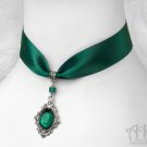 Green Crystal Satin Choker Necklace Silver Filigree Pendant Victorian Gothic C97