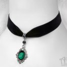 Green Crystal Velvet Choker Necklace Black Silver Pendant Victorian Gothic  C17