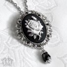 White Black Rose Necklace Brooch Pin Gothic Victorian Cameo Gunmetal Pendant D12