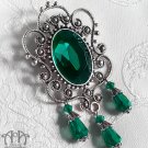 Silver Filigree Green Crystal Pin Brooch Rhinestone Beaded Victorian Gothic P85