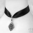 Grey Crystal Black Satin Choker Necklace Silver Glass Pendant Victorian Gothic C18