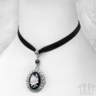 White Rose Cameo Velvet Choker Black Necklace Silver Pendant Gothic Victorian C19