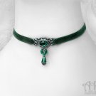 Green Velvet Beaded Choker Necklace Victorian Gothic Ribbon Silver Filigree C50