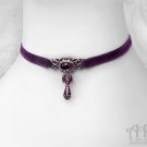 Purple Velvet Beaded Choker Necklace Victorian Gothic Ribbon Silver Filigree C47