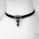 Black Velvet Beaded Choker Necklace Victorian Gothic Ribbon Silver Filigree C48