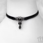 Black Velvet Beaded Choker Necklace Victorian Gothic Ribbon Silver Filigree C48