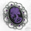 Purple Gothic Lady Skeleton Brooch Pin Lolita Skull Cameo Rhinestone Silver P45