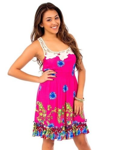 Available Juniors L Pink Floral Summer Dress with Crochet Lace Racerback