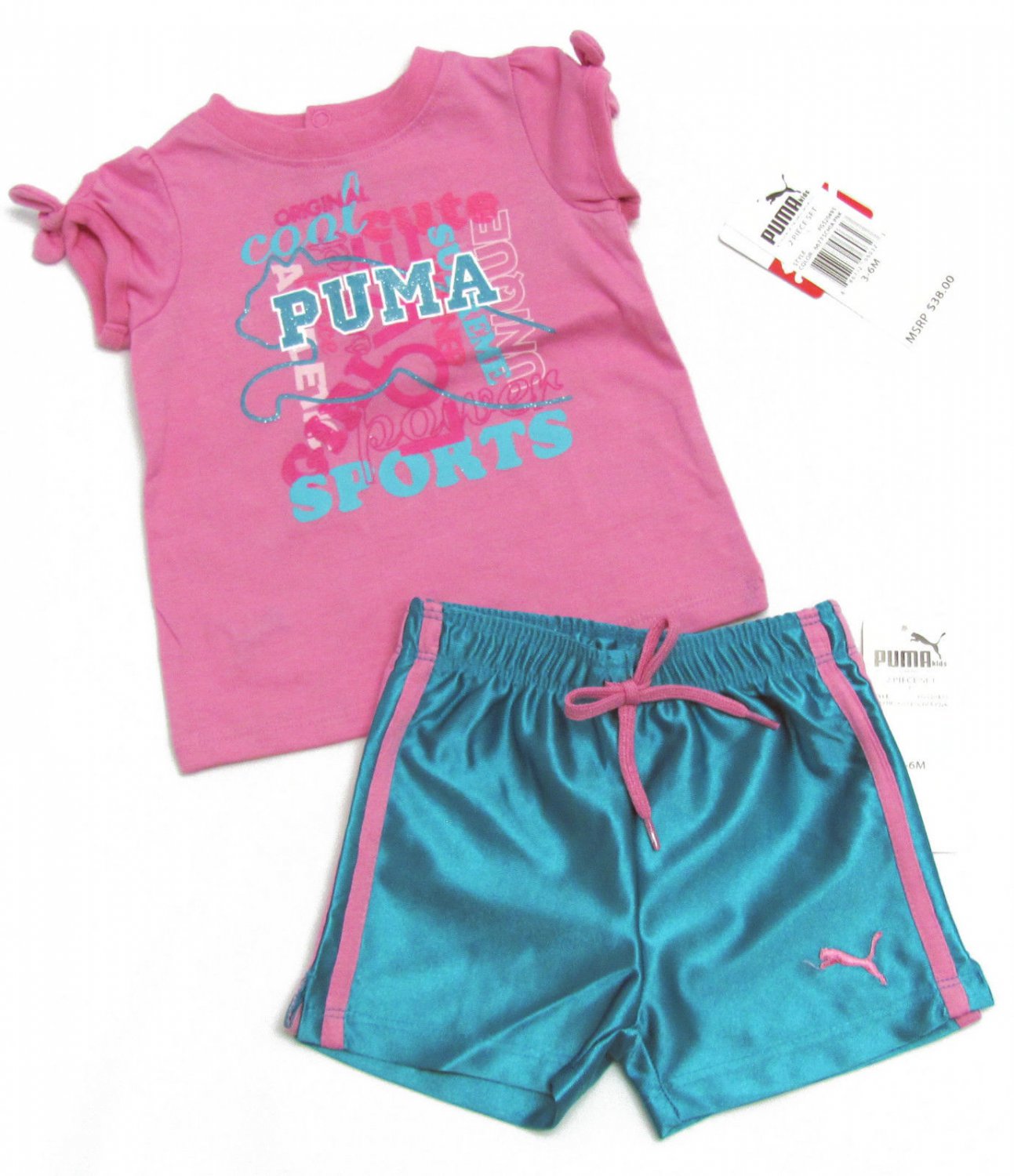 Puma Baby Girls 36 Months Pink TShirt and Blue Gym Shorts Girl's 2