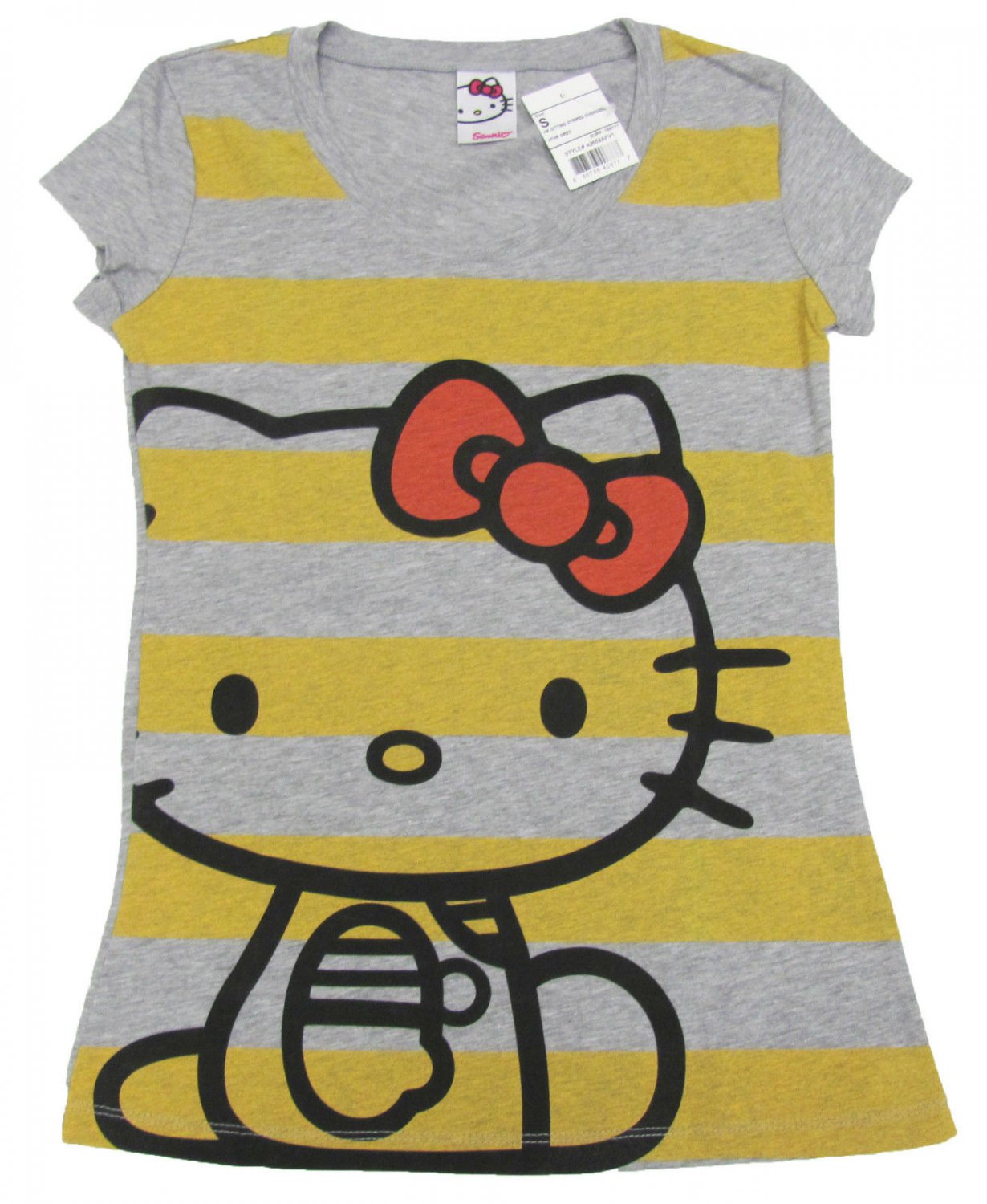 Hello Kitty Juniors M Sitting Stripes Tee Shirt Heather Gray T-shirt