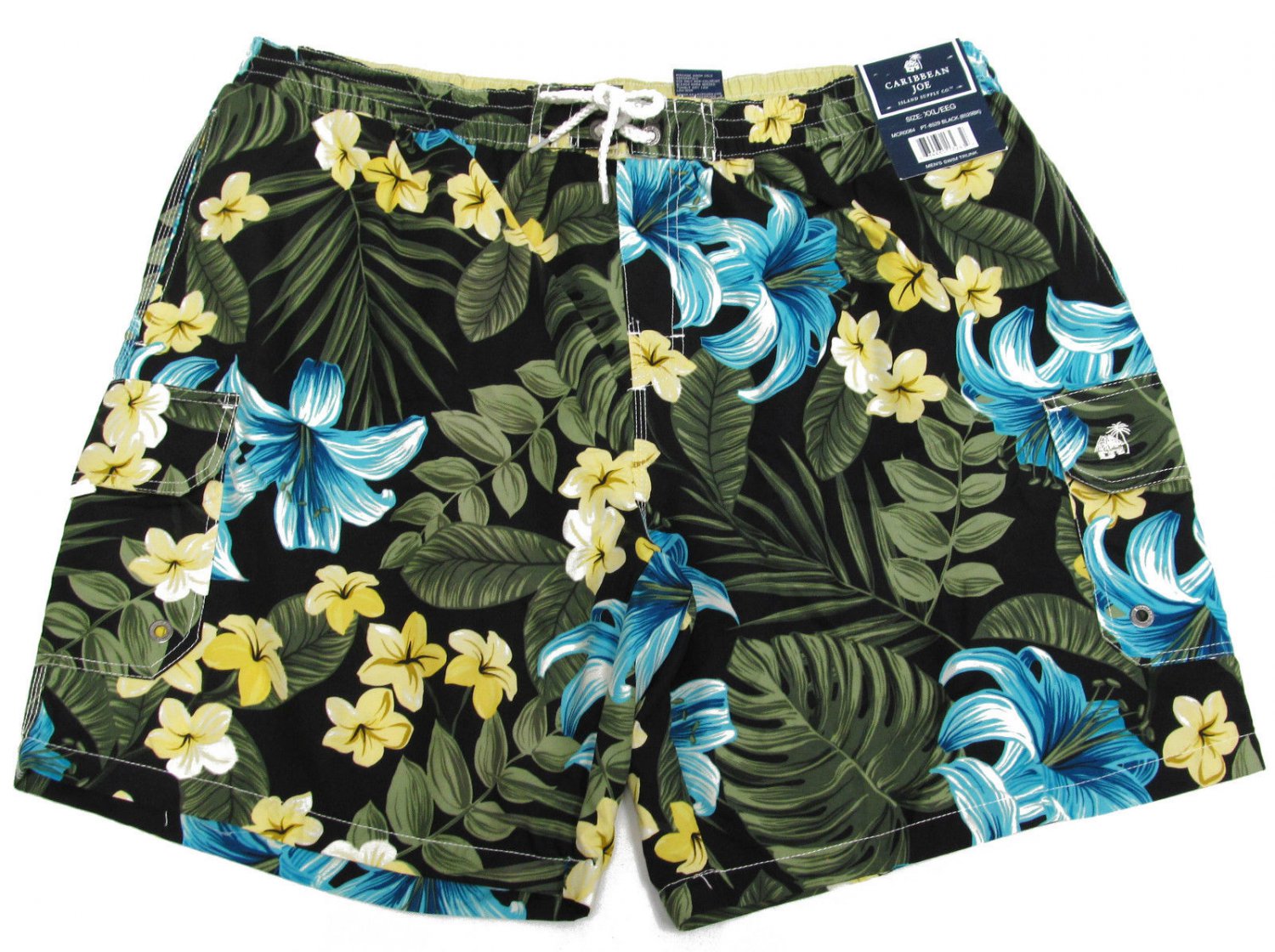 Carribean Joe Mens XXL Floral Swim Trunks Shorts Black Green Blue Hibiscus