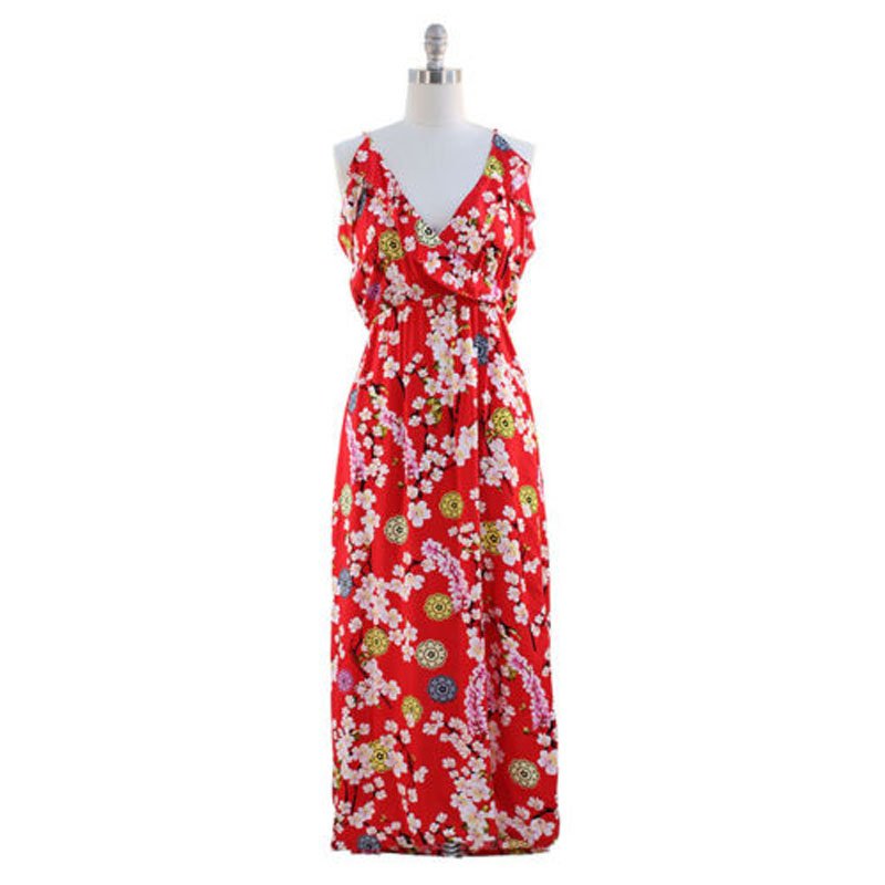 jon & anna L Cherry Blossom Maxi Dress with Ruffled Neckline Red Floral ...