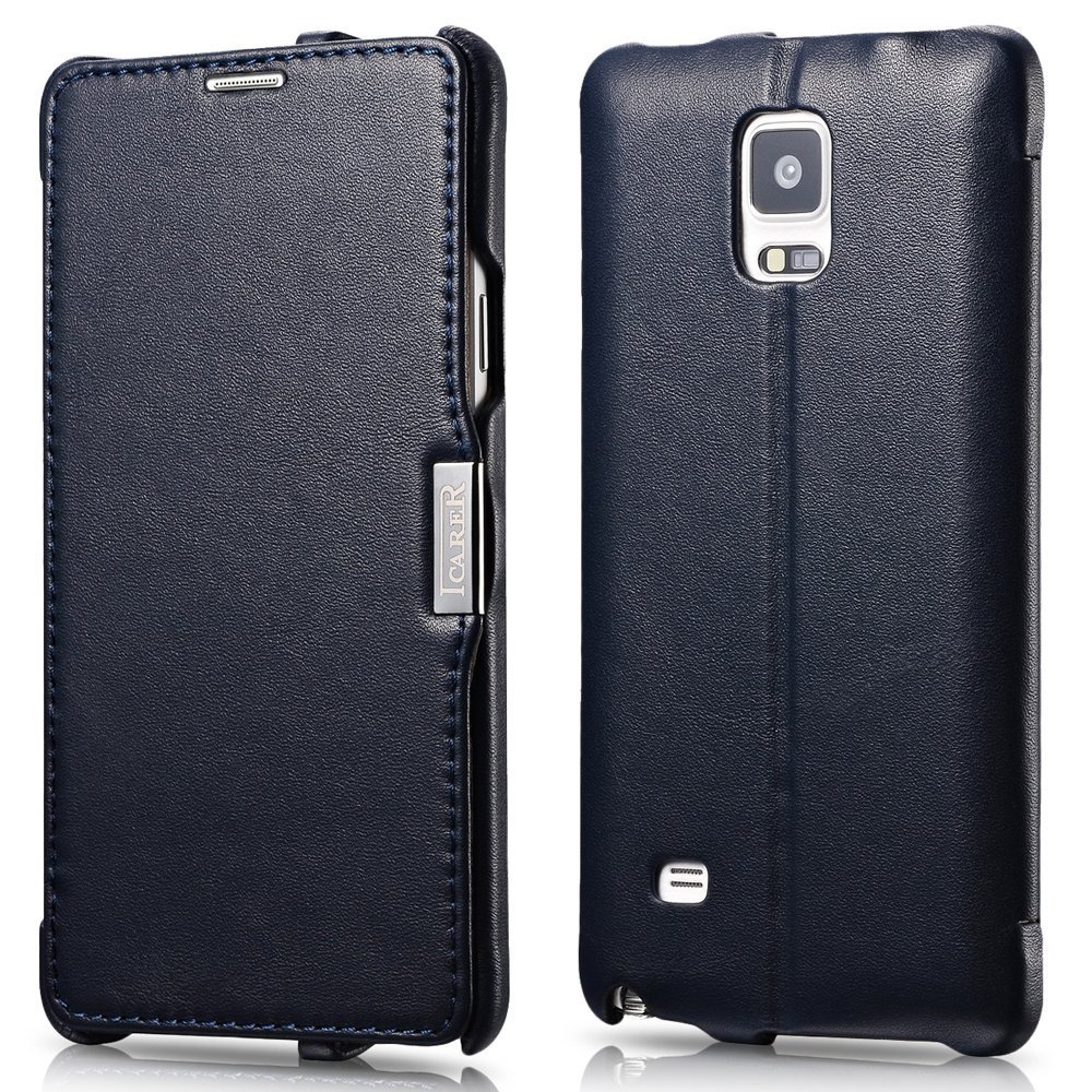 ICARER Genuine Leather Luxury Flip Folio Case with Magnetic Closure for Samsung Galaxy Note 4 (Navy)