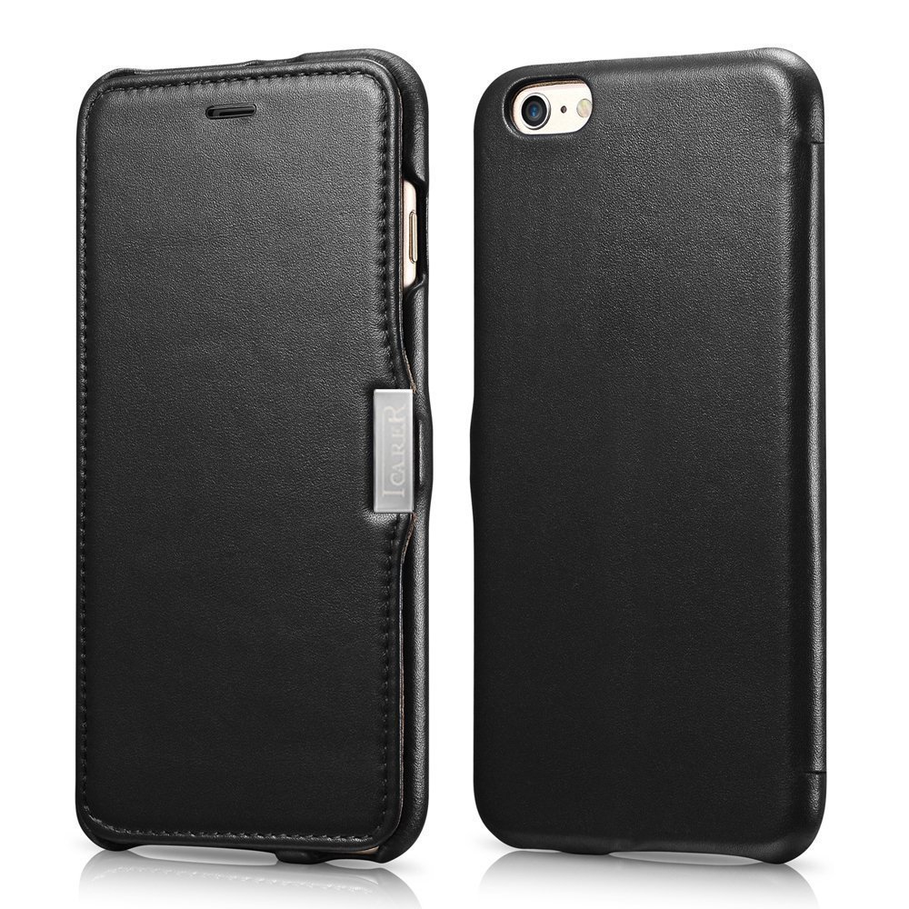 ICARER Genuine Leather Luxury Flip Folio Case with Magnetic Closure for iPhone 6 (Black)
