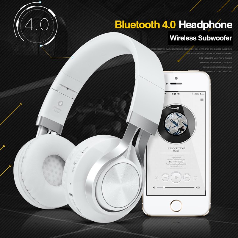 Picun BT-06 Wireless Subwoofer Over-Ear Bluetooth HeadPhone (White)