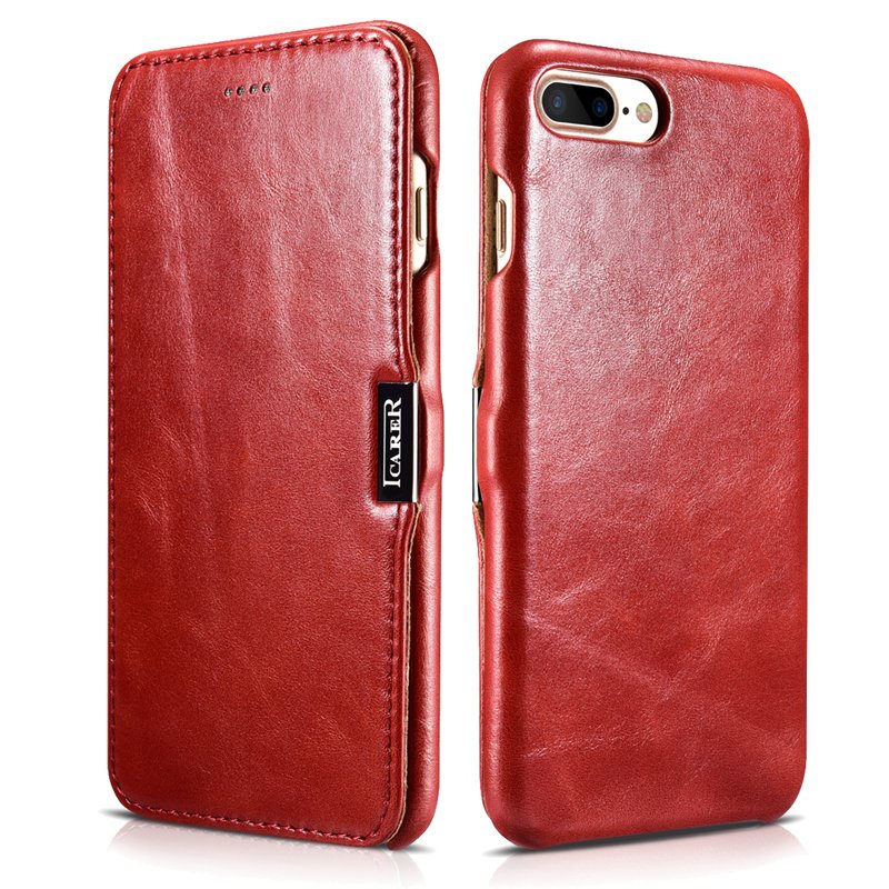 iCarer iPhone 8/7 Plus Genuine Leather Case, Vintage Series Magnetic Closure Flip Case (Red)