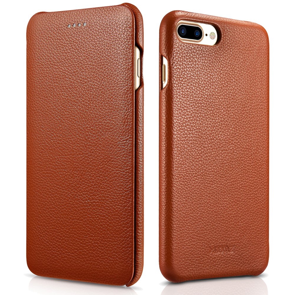 iPhone 7 Plus Genuine Leather Case, XOOMZ Litchi Curved Edge Full Body Protection Flip Case (Brown)