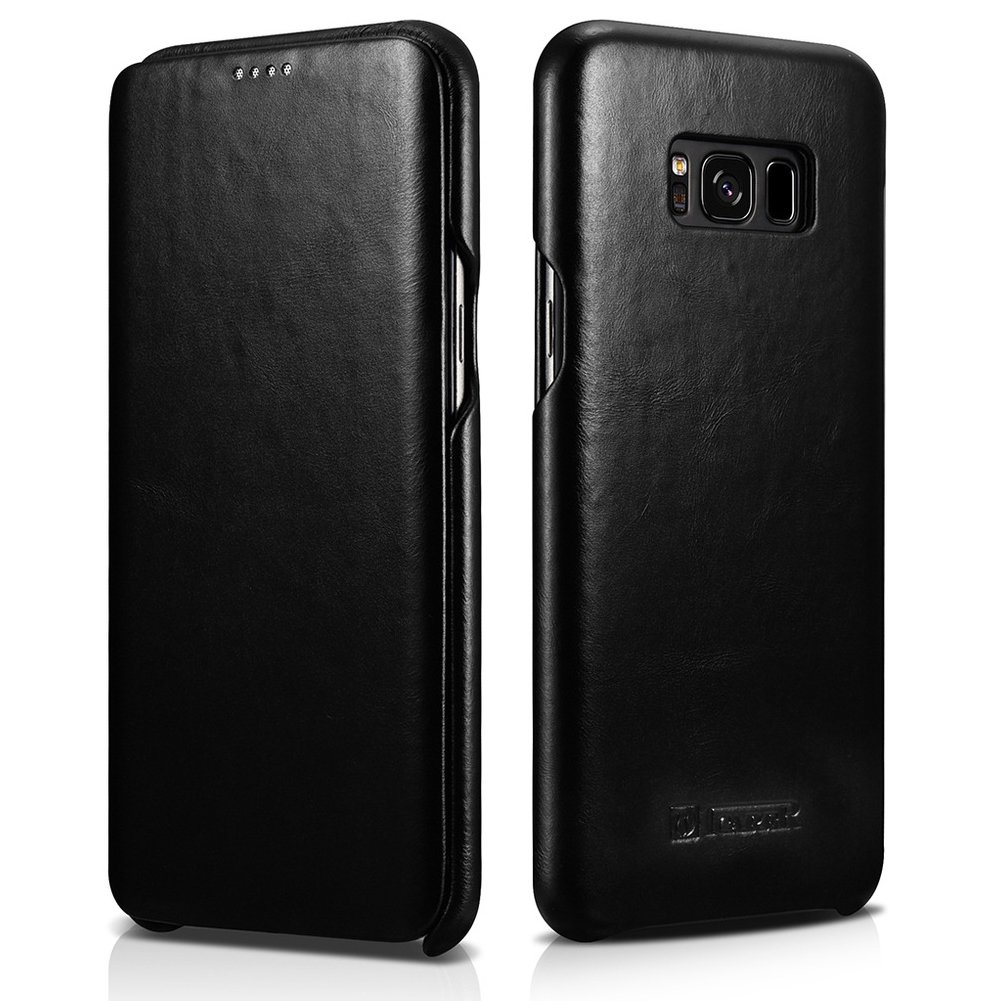 icarercase Samsung Galaxy S8 5.8" Genuine Leather Folio Flip Case, Vintage Curved Edge Case (Black)