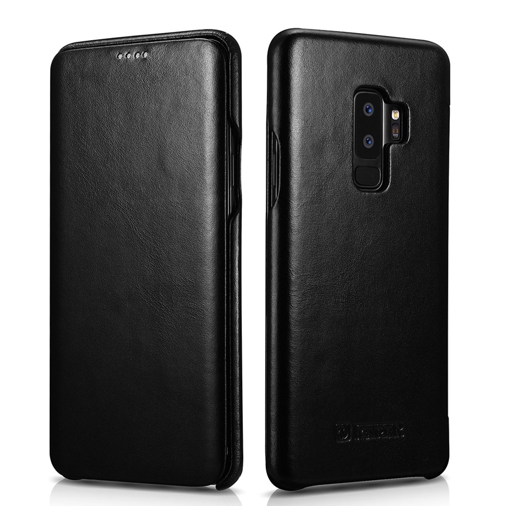 icarer Galaxy S9 Plus Vintage Genuine Leather Curve Edge Full Body Folio Flip Case (Black)