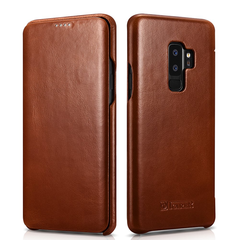 icarer Galaxy S9 Plus Vintage Genuine Leather Curve Edge Full Body Folio Flip Case (Brown)