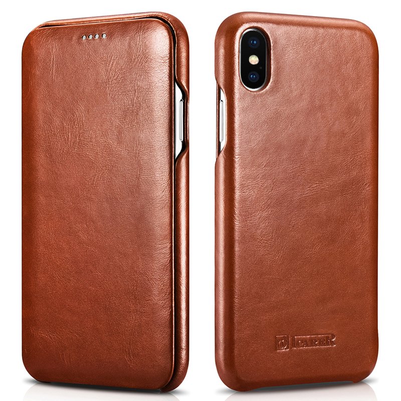 iPhone XS Max 6.5" Genuine Leather Case, icarer Vintage Curve Edge Full Body Folio Flip Case (Brown)