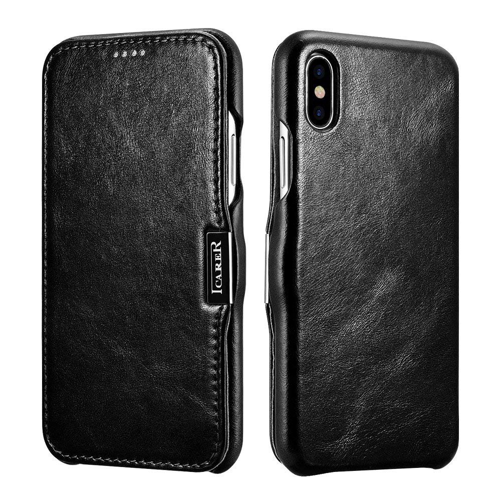 iPhone XS Max 6.5" Genuine Leather Case, icarer Vintage Magnetic Closure Folio Flip Case (Black)