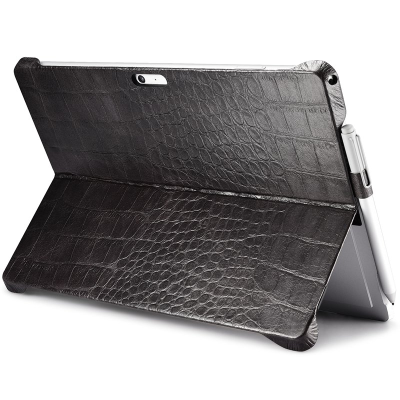 Microsoft Surface Pro 7/ 6/ 5/ Pro 4 Genuine Leather Crocodile Pattern Stand Back Cover Case - black