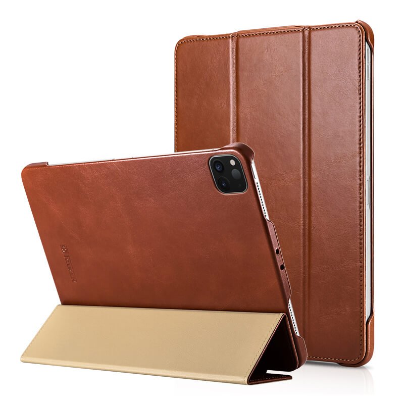 iCarer iPad Pro 11" 2020 Genuine Leather Tri-fold Stand Smart Folio Flip Case Cover (Brown)