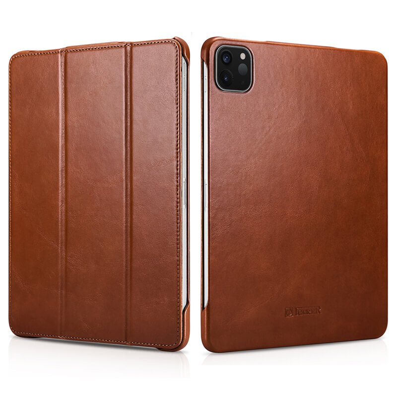 iCarer iPad Pro 12.9" 2020 Genuine Leather Tri-fold Stand Smart Folio Flip Case Cover (Brown)