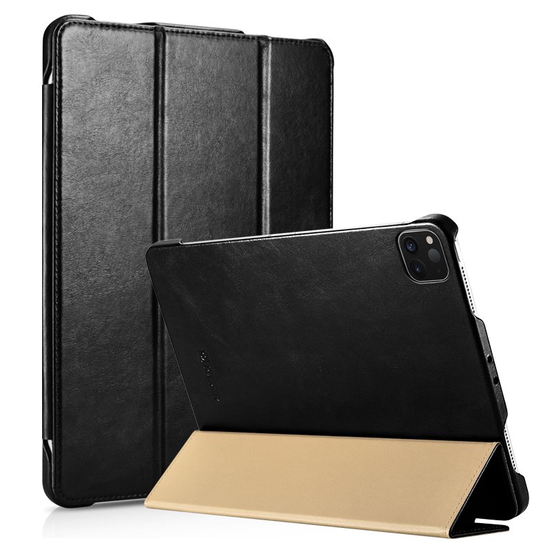 iCarer iPad Pro 12.9" 2020 Genuine Leather Tri-fold Stand Smart Folio Flip Case Cover (Black)