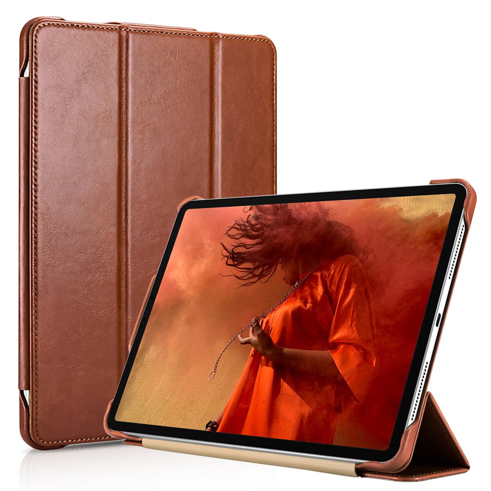 iCarer iPad Pro 12.9" 2018 Genuine Leather Tri-fold Stand Smart Folio Flip Case Cover (Brown)