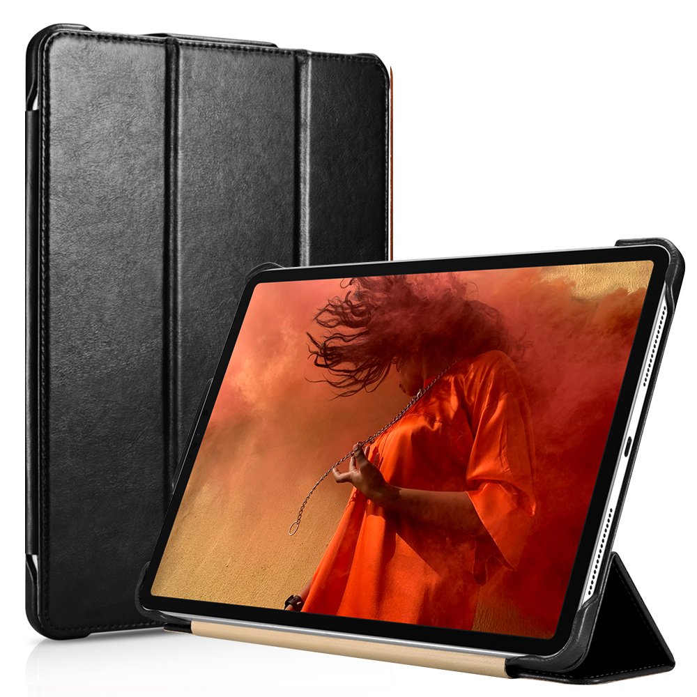 iCarer iPad Pro 12.9" 2018 Genuine Leather Tri-fold Stand Smart Folio Flip Case Cover (Black)
