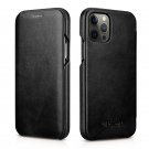 iCarer iPhone 12 Pro 6.1" Genuine Leather Vintage Full Coverage Curved Edge Folio Flip Case -Black