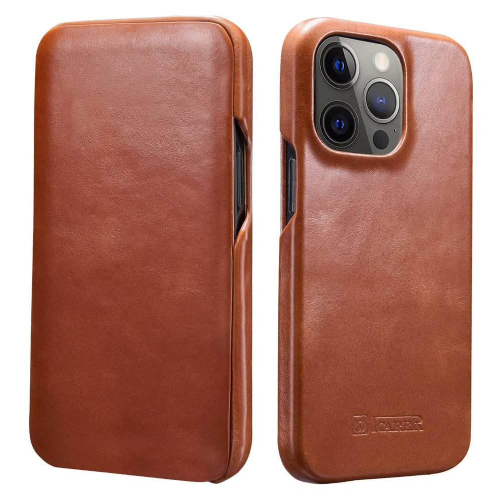 iPhone 13 Pro Max Cowhide Leather Vintage Curved Edge Folio Flip Case Brown