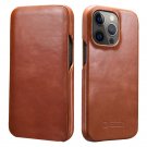 iPhone 13 Pro Max Cowhide Leather Vintage Curved Edge Folio Flip Case - Brown
