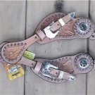 Tough-1 Premium Leather Floral Tooled Show Spur Straps LIGHT PINK Crystals