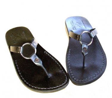 "RING" Flip-Flop Handmade Black Greek Leather Sandals Size's : US 5-12 EU 35-46