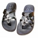 Black ladies Greek Leather Sandals Handmade Flip-Flop "Flower 3" ! size's : US 5-10.5 EU 35-42