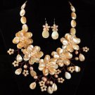 J8  Handmade Chunky Jewelry Mother of Pearl MOP Peach 5-Petals Flowers Choker + earrings