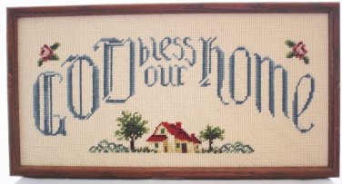 Completed Framed Cross Stitch God Bless Our Home Wall Decor